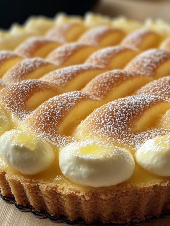 Torta casera esponjosa con crema pastelera en forma de enrejado, recién horneada sobre una mesa de cocina.