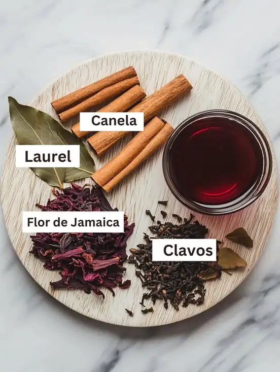 Taza con infusión de flor de Jamaica, canela, clavo y laurel sobre una mesa con ingredientes naturales alrededor.