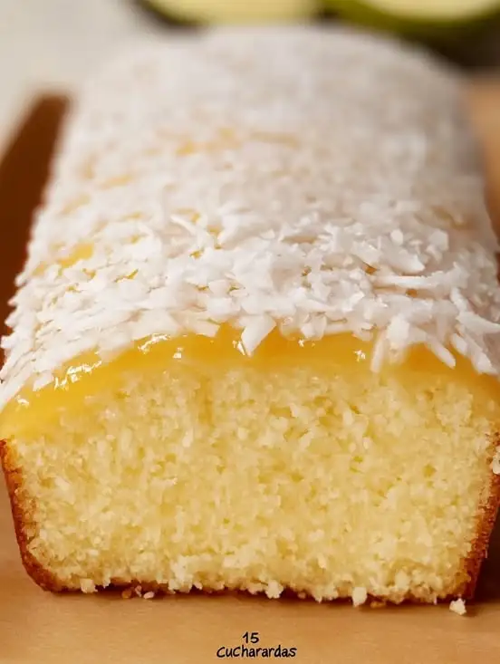 Budín casero de limón y coco con glaseado brillante, presentado sobre una bandeja de madera.