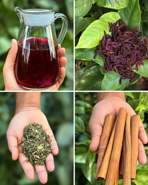 Taza de infusión natural con flores de Jamaica, canela y laurel sobre una mesa de madera, bebida casera para mejorar la salud de forma natural.