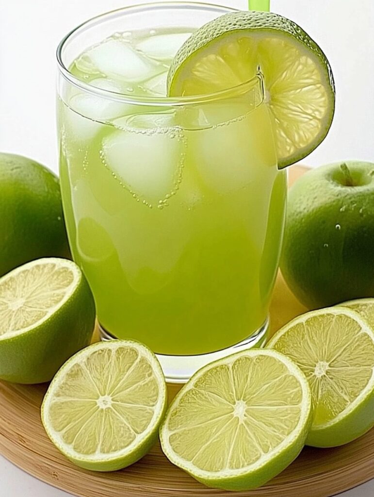 Jarra de agua fresca con rodajas de manzana y limón, acompañada de hielo y hojas de menta, bebida natural y refrescante.