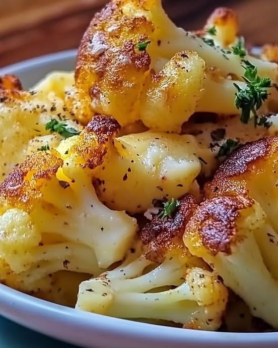 Coliflor asada con ajo, queso parmesano y mozzarella gratinada, servida en una bandeja, lista para comer.