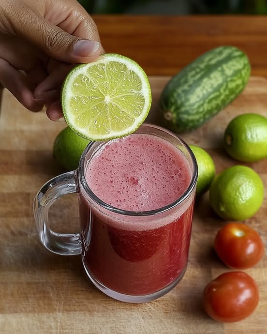 Bebida verde en vaso de vidrio, hecha con chayote, limón y tomate verde, sobre una mesa rústica.