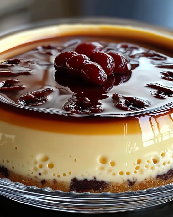 Flan napolitano cremoso servido en un plato blanco, cubierto con caramelo brillante.