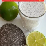 Vaso con mezcla natural de chía, linaza, limón y leche sobre una mesa, utilizado como bebida nocturna para reducir la grasa abdominal de forma natural.