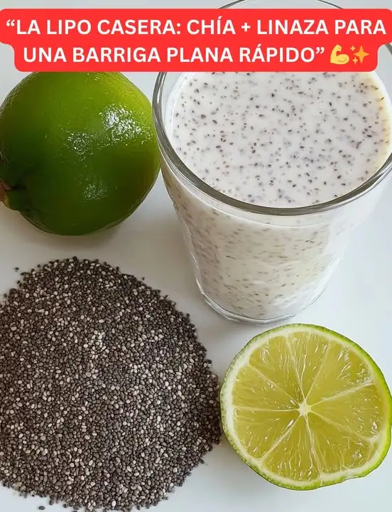 Vaso con mezcla natural de chía, linaza, limón y leche sobre una mesa, utilizado como bebida nocturna para reducir la grasa abdominal de forma natural.