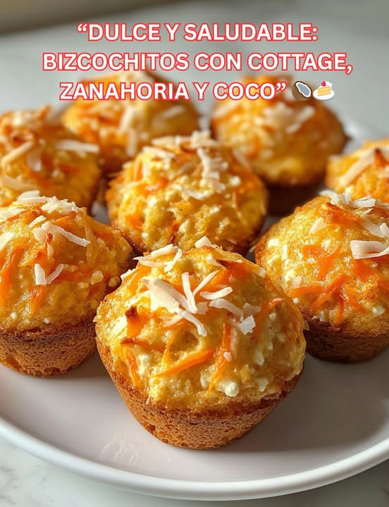 Bizcochitos caseros de queso cottage, coco rallado y zanahoria recién horneados, servidos sobre una bandeja con fondo rústico.