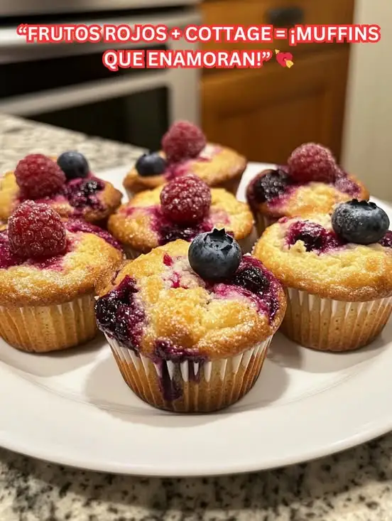 Muffins saludables de cottage con frutos rojos servidos sobre una bandeja, ideales para un desayuno o merienda nutritiva.