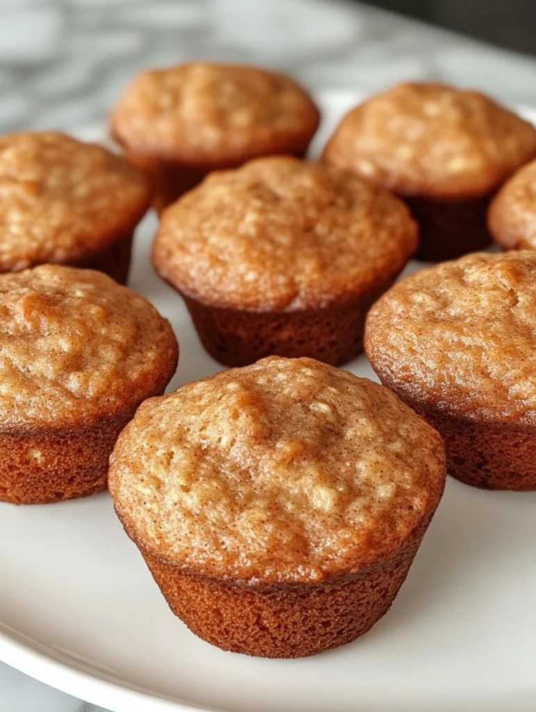 Muffins saludables de queso cottage con avena, plátano y canela recién horneados sobre una mesa de madera.