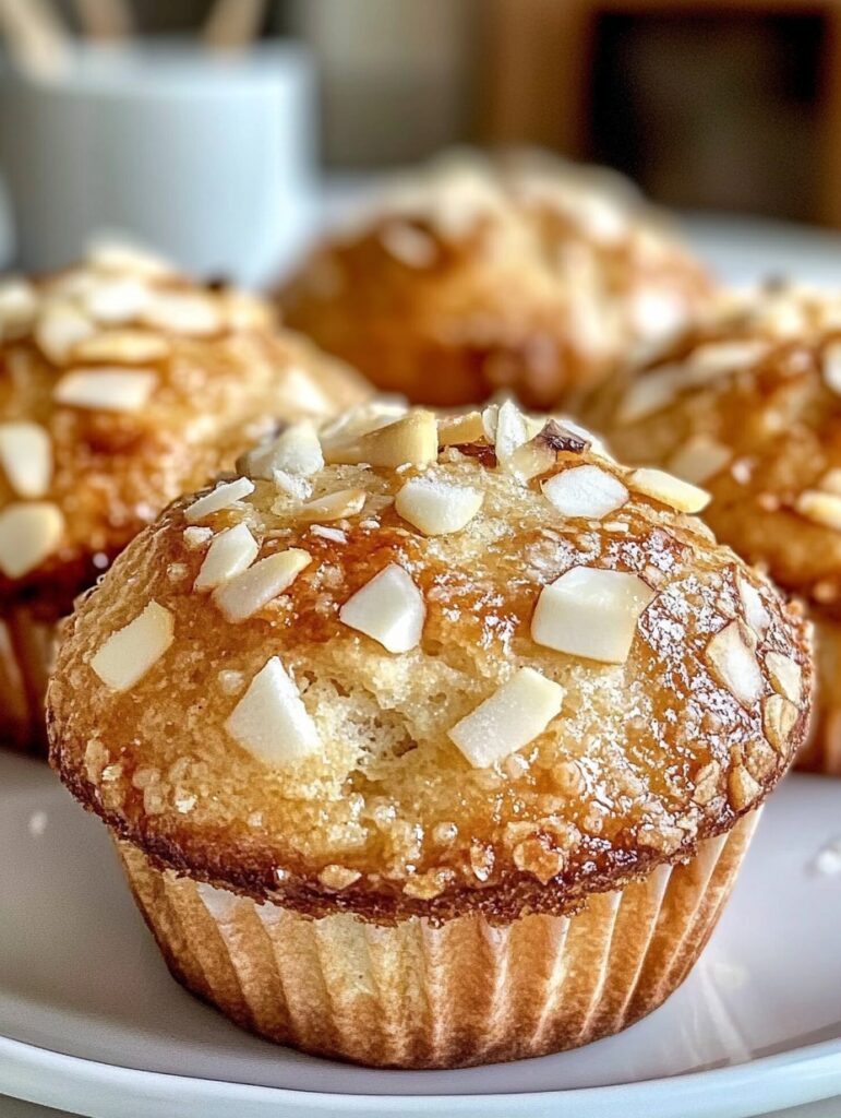 Panecillos caseros esponjosos con plátano, coco y almendras, servidos sobre una bandeja de madera.