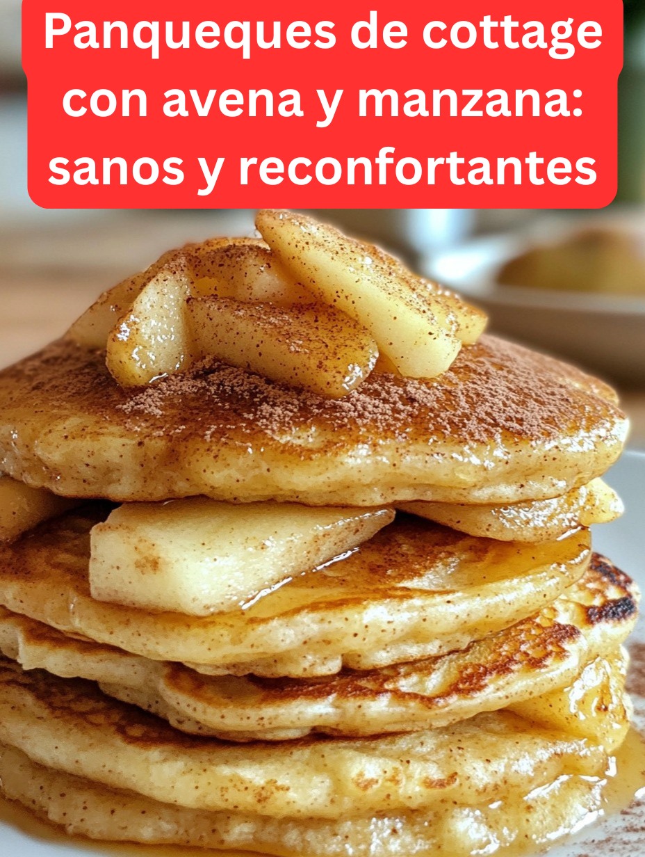 Panqueques caseros de queso cottage con avena y manzana servidos en un plato, acompañados de rodajas de manzana y miel.