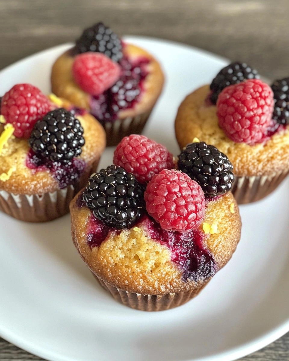 Muffins caseros de cottage con frutos rojos y ralladura de limón sobre una rejilla enfriadora.