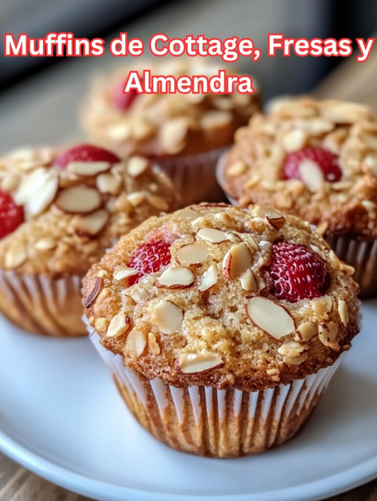 Muffins saludables de cottage con fresas y almendras laminadas recién horneados sobre una superficie rústica.