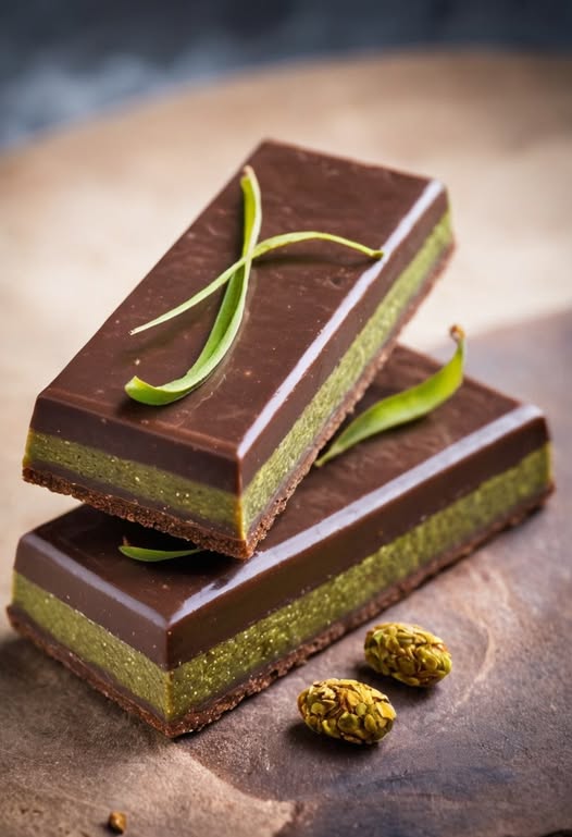 Tabletas de chocolate rellenas de pistacho y kadaif crujiente, presentadas en una bandeja con decoración oriental.