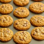 Galletas de avena caseras con chispas de chocolate recién horneadas, colocadas sobre una bandeja.