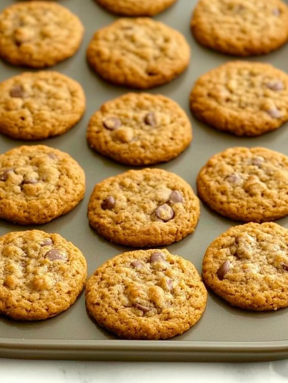 Galletas de avena caseras con chispas de chocolate recién horneadas, colocadas sobre una bandeja.