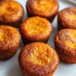 Bizcochitos esponjosos de zanahoria y queso cottage con especias, presentados sobre una bandeja rústica con nueces y canela.