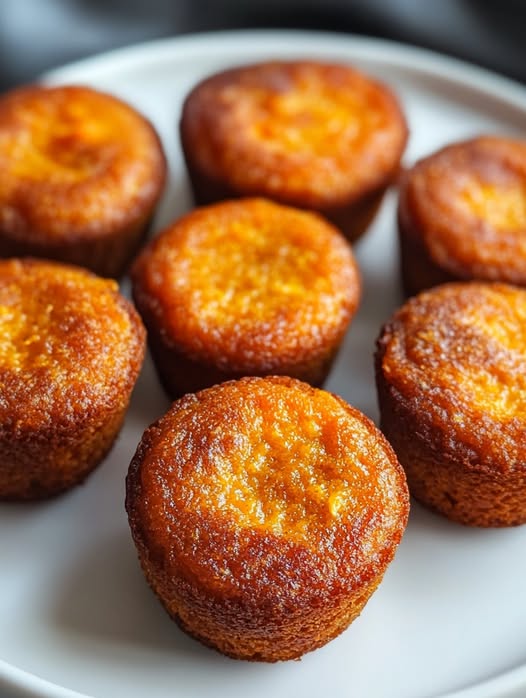 Bizcochitos esponjosos de zanahoria y queso cottage con especias, presentados sobre una bandeja rústica con nueces y canela.