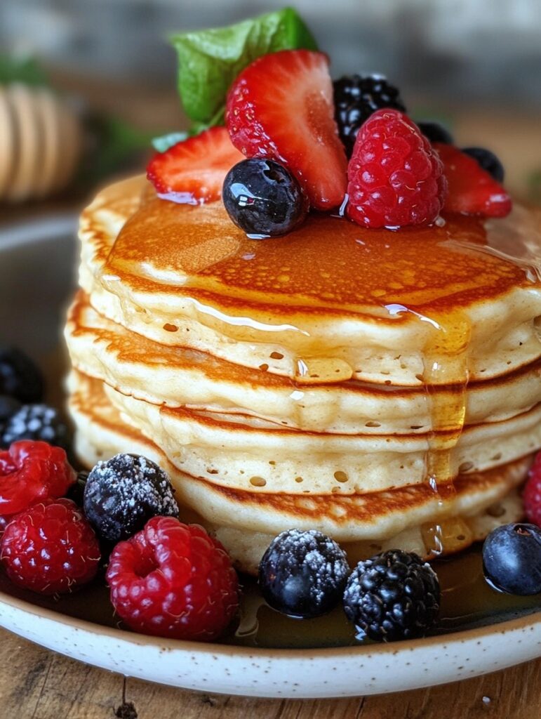 Pancakes de queso cottage esponjosos servidos con frutas frescas, miel y yogur natural sobre un plato blanco.