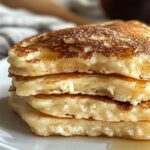 Hotcakes esponjosos de queso cottage y harina de almendra, servidos con frutas frescas y miel.