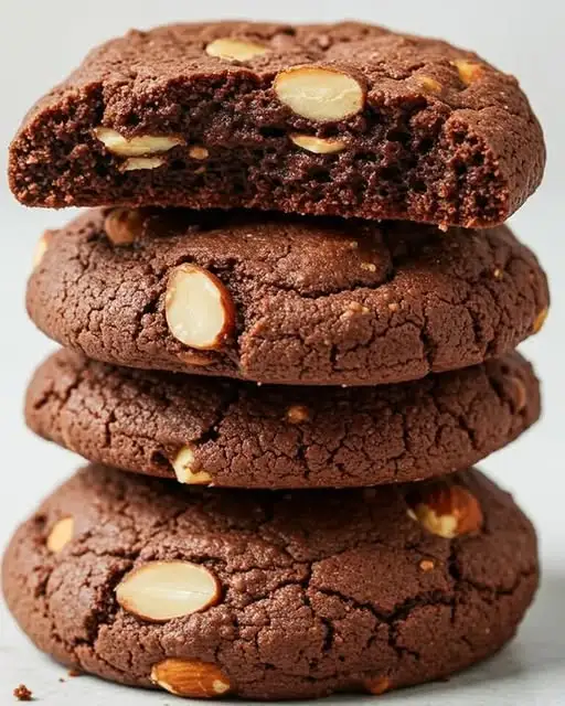 Galletas caseras de almendra y cacao, sin harina ni azúcar, sobre una bandeja enfriándose.