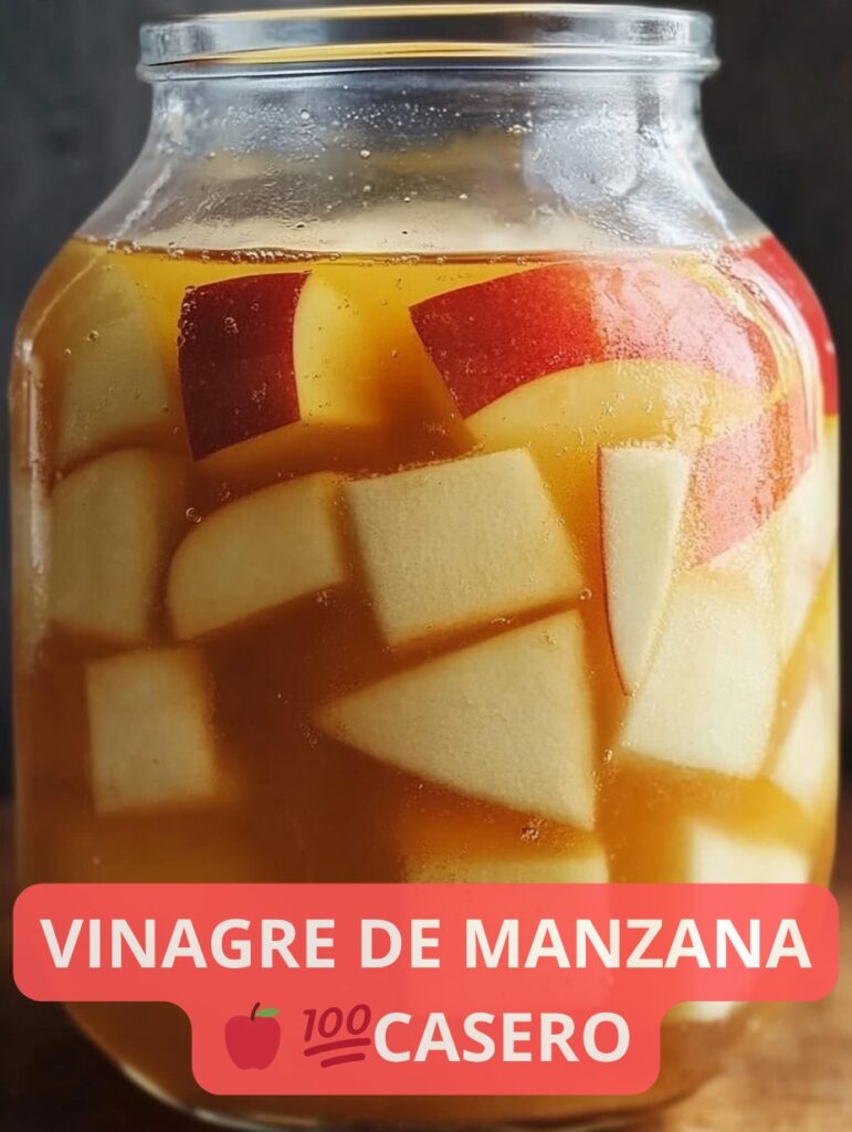 Frasco de vidrio con vinagre de manzana casero, con manzanas rojas alrededor sobre una mesa de madera rústica.
