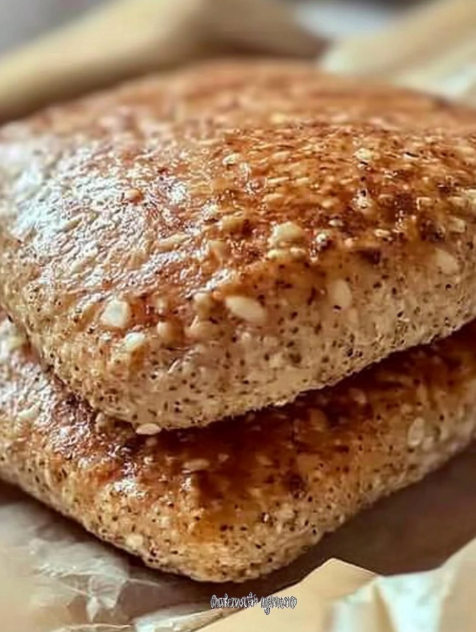 Pan casero de avena y chía sin harina, cortado en rebanadas gruesas sobre una tabla de madera.
