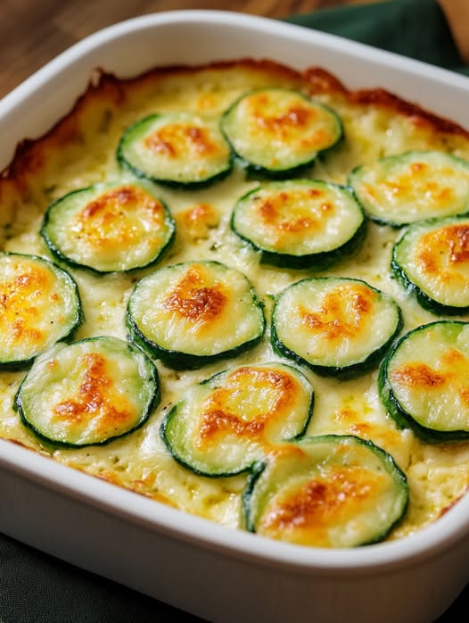 Gratinado de calabacín con queso dorado servido en una fuente de cerámica blanca, recién salido del horno.