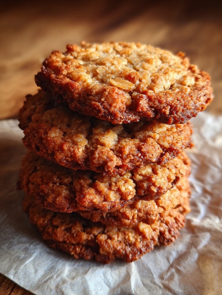 Galletas de avena caseras con miel y canela, recién horneadas, dispuestas sobre una bandeja con fondo rústico.