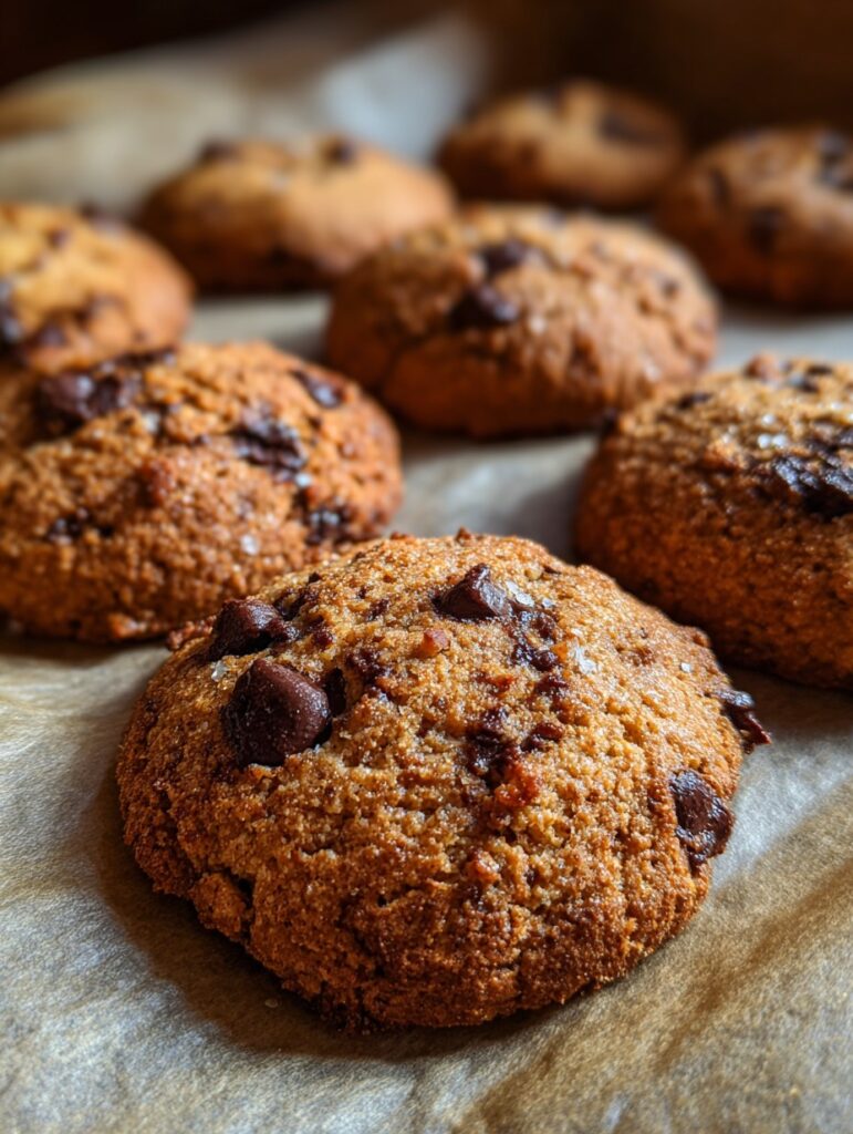 Galletas caseras de almendra y canela con chips de chocolate sin azúcar, dispuestas sobre una bandeja con fondo rústico.