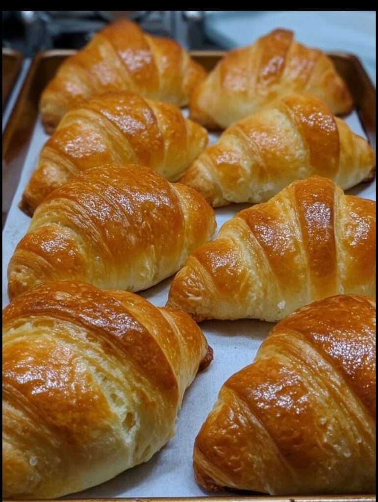 Medialunas caseras doradas, esponjosas y hojaldradas recién horneadas sobre una bandeja, listas para servir.