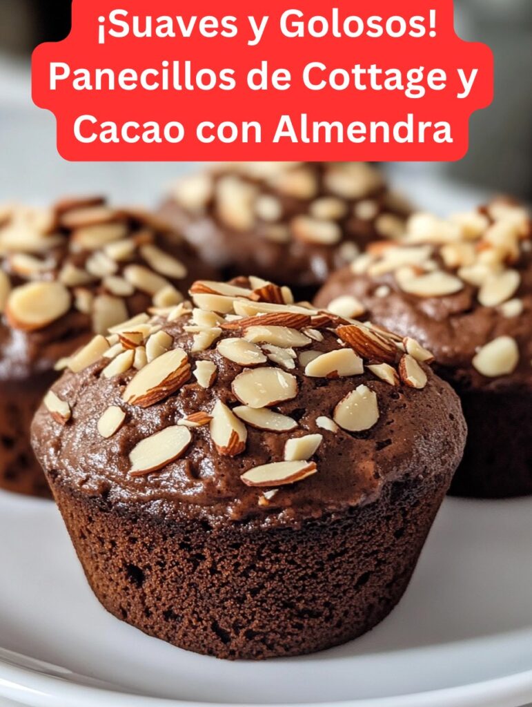 Panecillos saludables de queso cottage y cacao con almendras, recién horneados y decorados con almendra laminada sobre una rejilla.