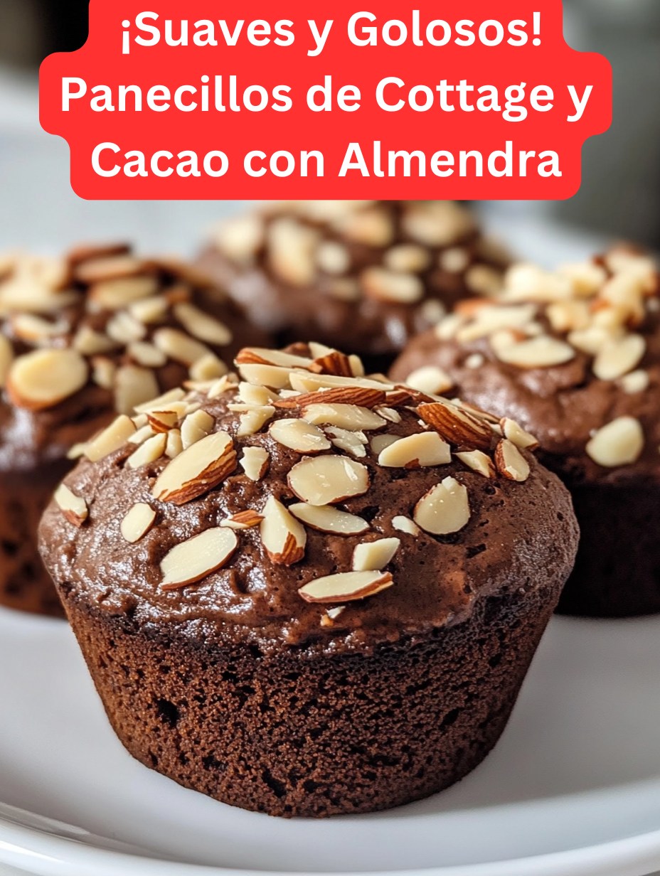 Panecillos saludables de queso cottage y cacao con almendras, recién horneados y decorados con almendra laminada sobre una rejilla.