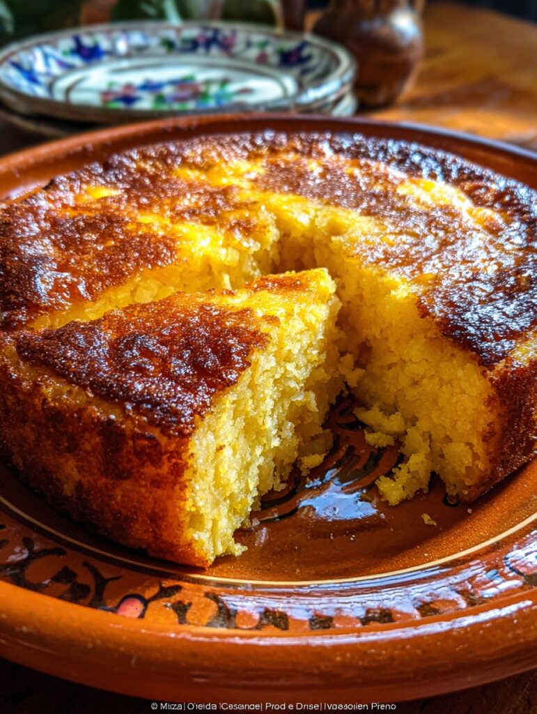 Budín cremoso de elote y queso recién horneado, con superficie dorada y espolvoreado con canela en polvo.
