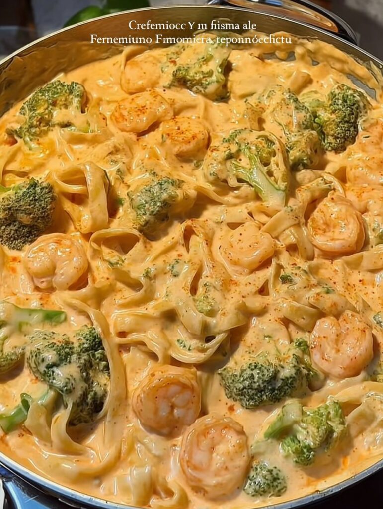 Plato de fettuccini cubierto con salsa cremosa de chipotle, camarones rosados y trozos de brócoli, servido en un plato blanco sobre una mesa rústica.
