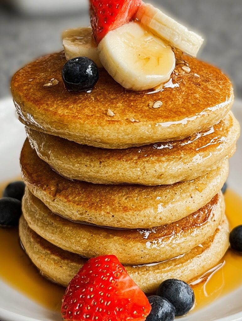 Hot cakes de avena servidos con frutas frescas y miel sobre un plato blanco
