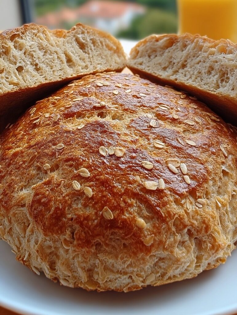 Pan casero de avena y chía sin harina sobre una tabla de madera, recién horneado y cortado en rebanadas gruesas.
