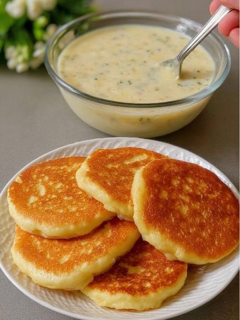 Panqueques esponjosos de manzana recién hechos, servidos en un plato con miel y rodajas de manzana fresca encima.