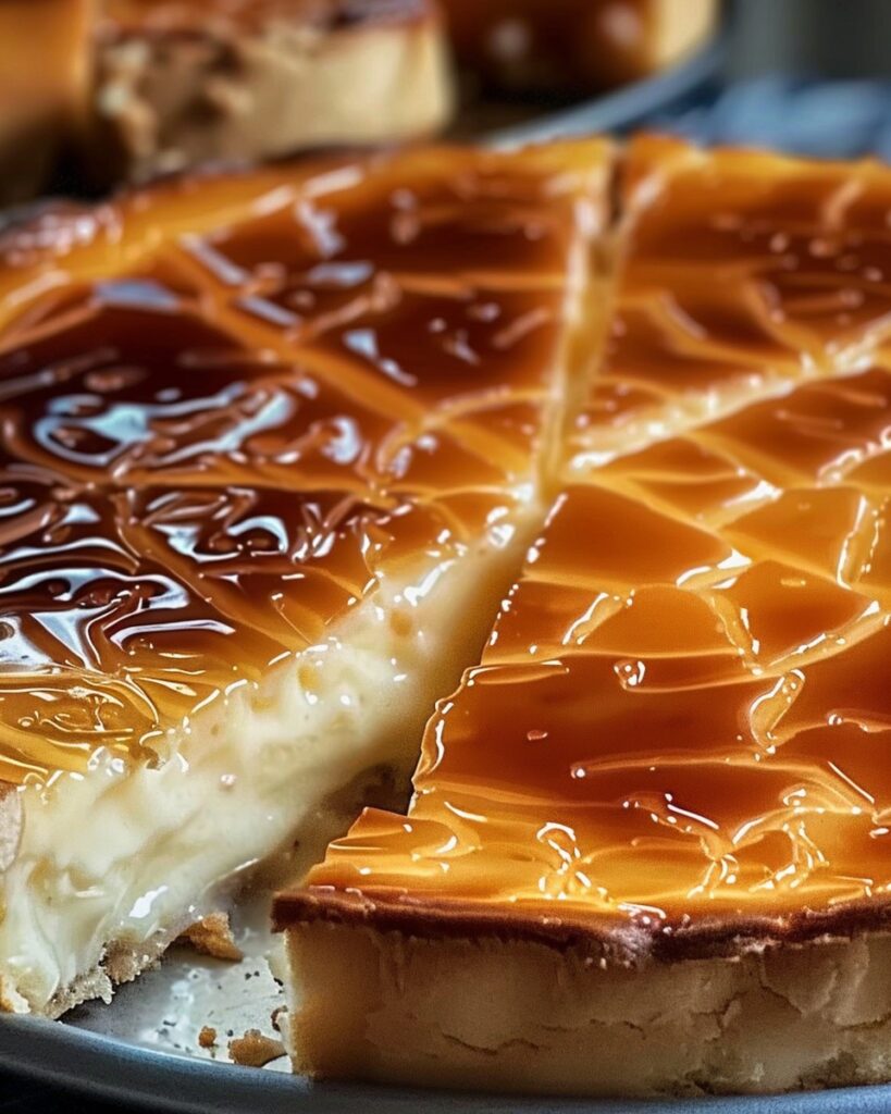 Tarta de queso cremosa con caramelo por encima, servida en un plato blanco sobre una mesa de madera.