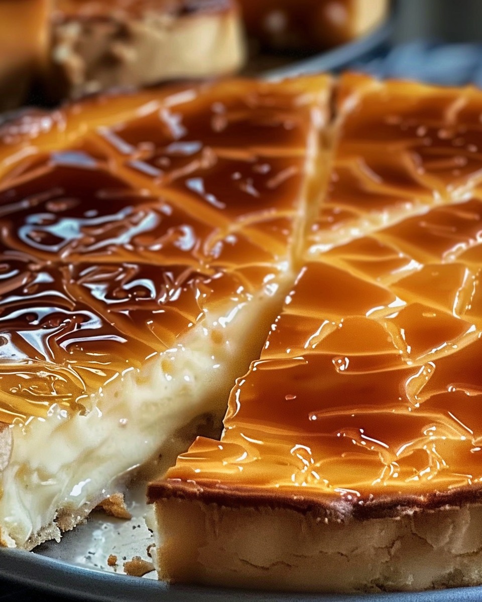 Tarta de queso cremosa con caramelo por encima, servida en un plato blanco sobre una mesa de madera.