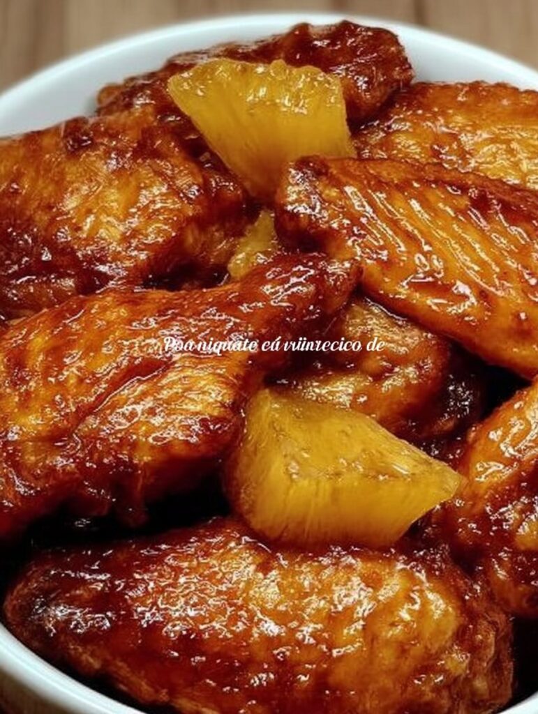 Alitas de pollo glaseadas con salsa de piña, decoradas con semillas de sésamo y cebolla verde, servidas en un plato blanco.
