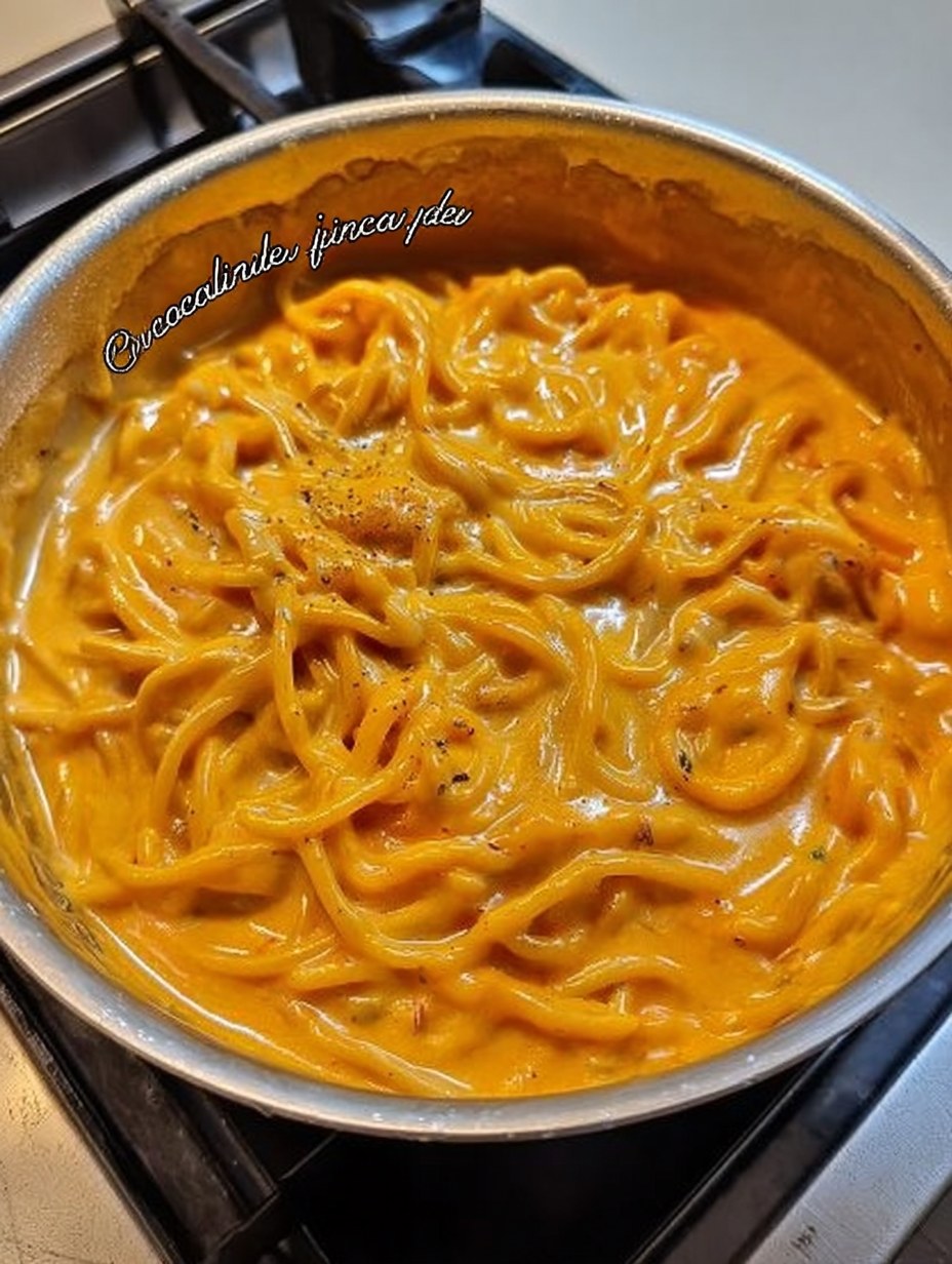 Espagueti cremoso cubierto con salsa de pimiento morrón y queso, servido en plato blanco con perejil fresco encima.