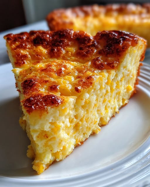 Budín de elote dorado con textura suave, cortado en porciones y servido en plato rústico con miel encima.