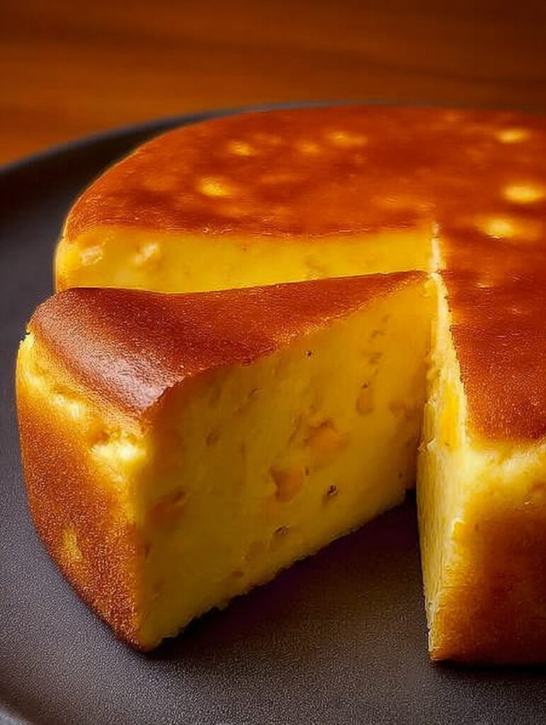 Pastel de maíz cremoso, dorado por fuera y suave por dentro, servido en rebanadas sobre un plato rústico.