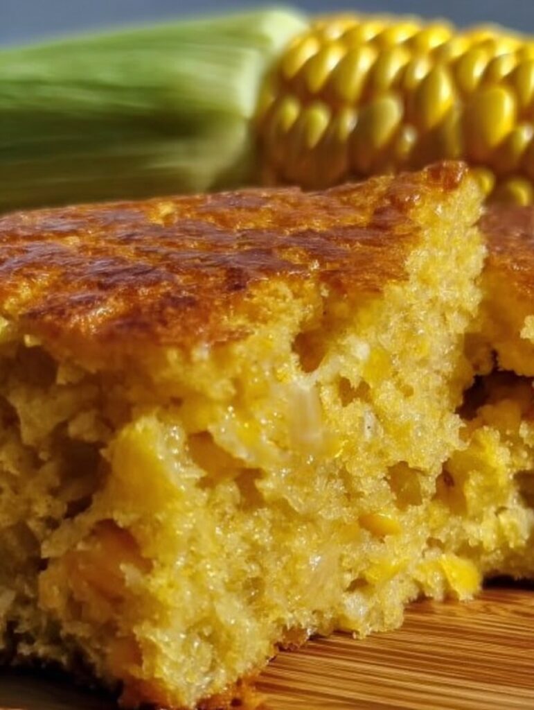 Pan de elote doradito recién horneado servido en rebanadas sobre una tabla de madera.