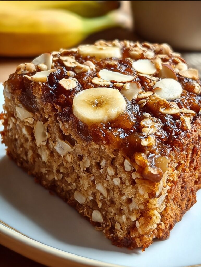 Bizcocho casero de avena, plátano y manzana cortado en rebanadas, con textura húmeda y frutas visibles, servido sobre plato de madera.
