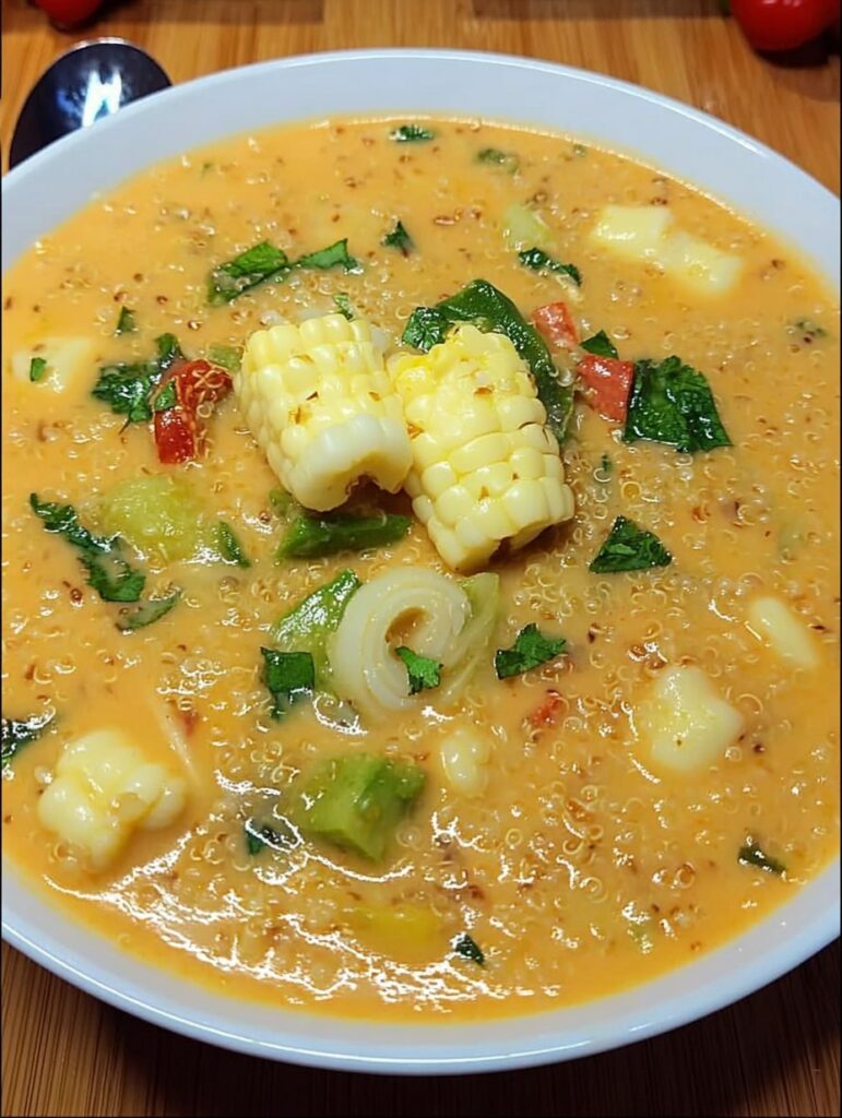 Chupe de quinua servido caliente en plato hondo, con queso fresco, verduras y granos de maíz visibles.