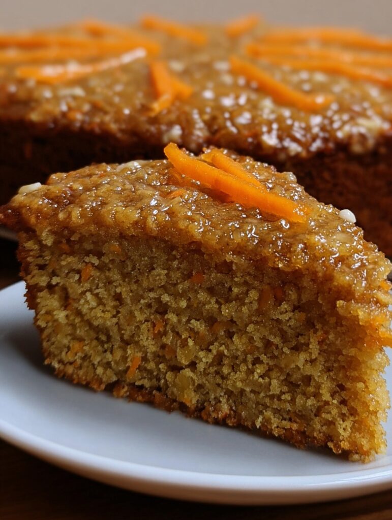 Torta casera de avena y zanahorias recién horneada, servida en una bandeja, con textura húmeda y trozos visibles de zanahoria y avena.