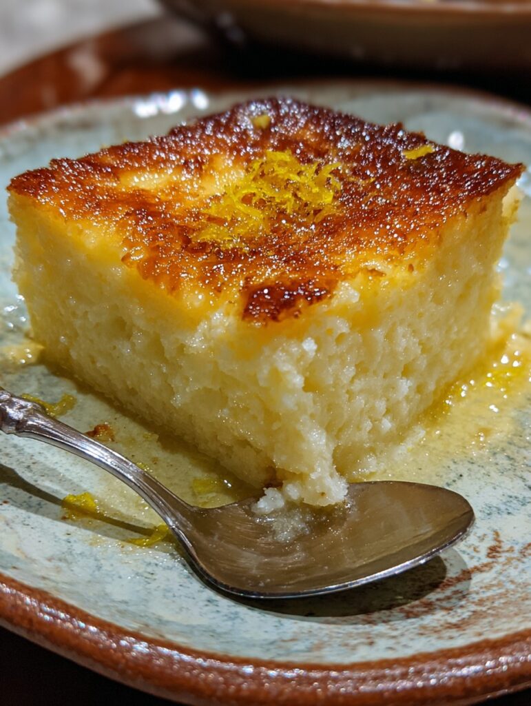 Budín de elote y coco decorado con ralladura de limón y coco por encima, servido en rebanadas sobre una tabla rústica.