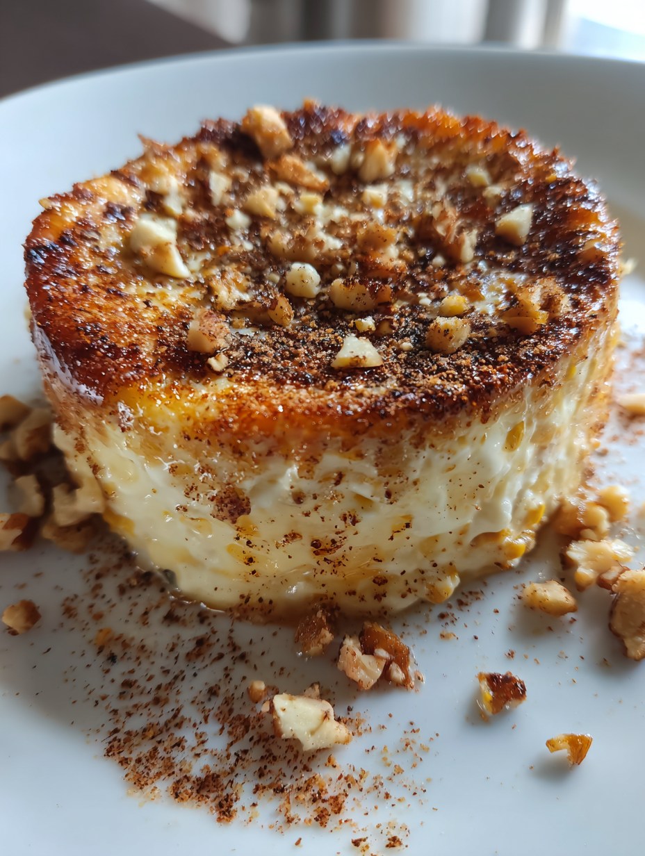 Budín de elote cremoso con nueces picadas por encima, presentado en un plato rústico, con fondo de madera y servilleta color crema.
